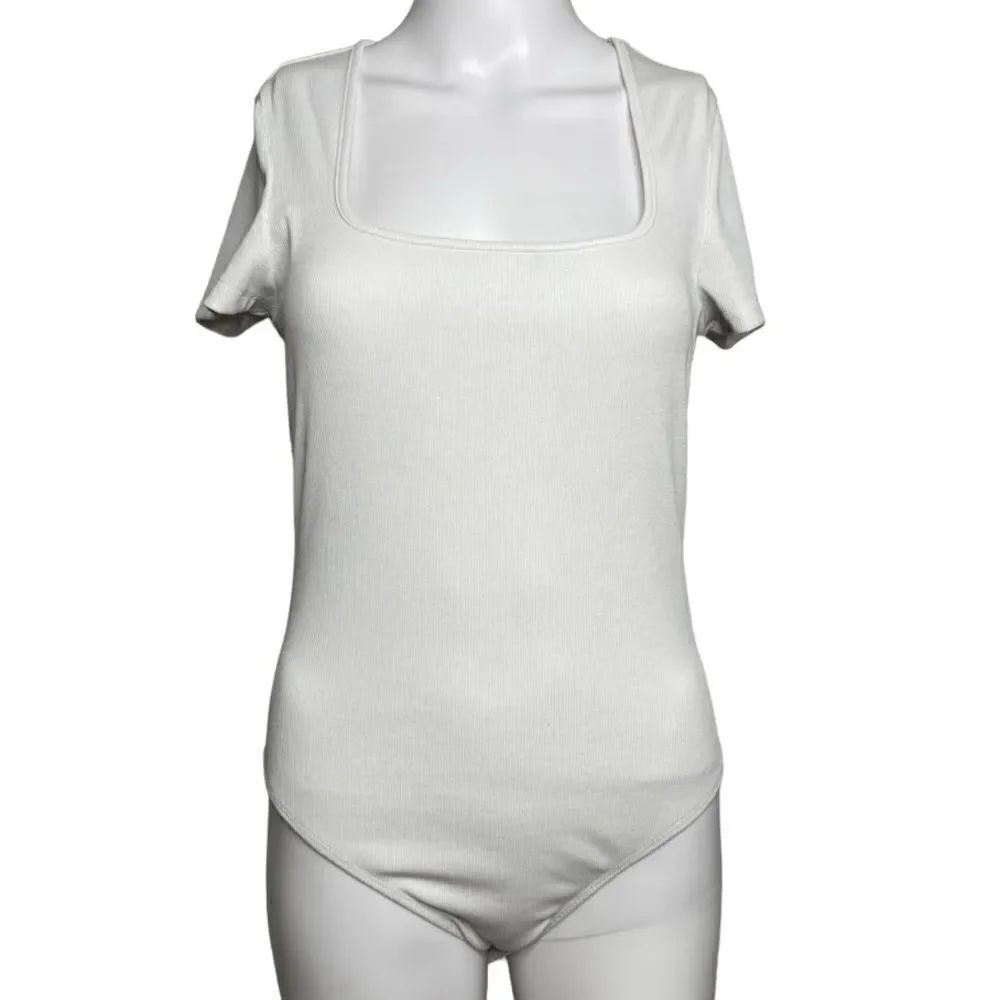 SHEIN Square Neck Short Sleeve Ribbed Bodysuit White Size Medium